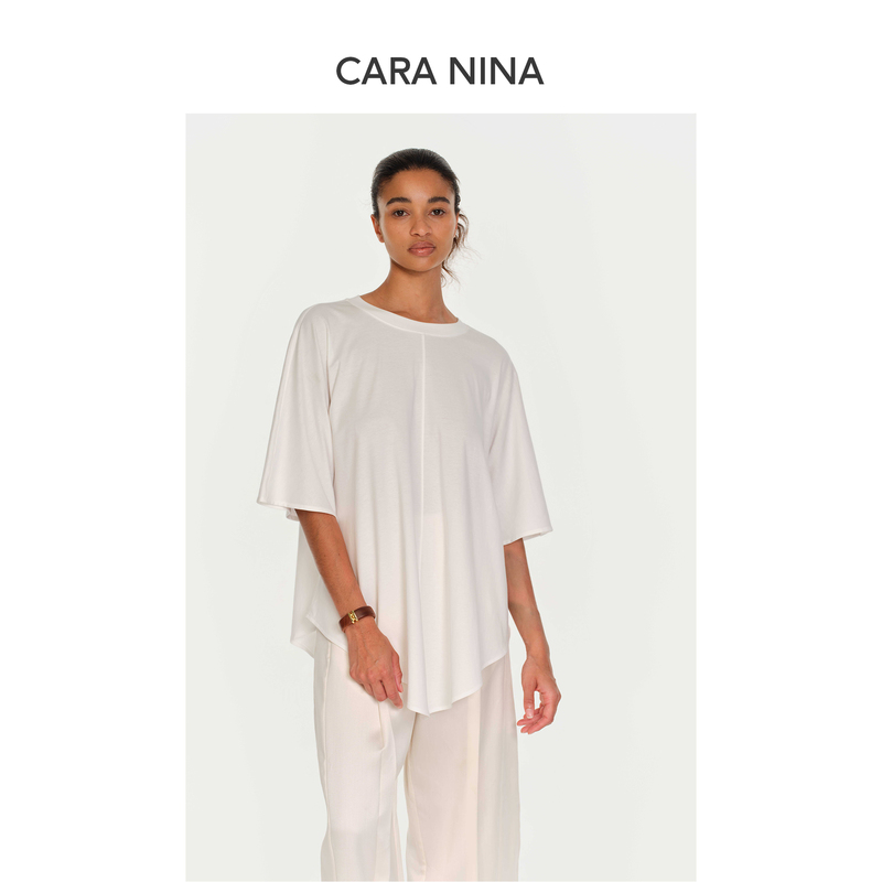 Cara Nina Pima Cotton Irregular Hem Loose Mid-Sleeve T-Shirt