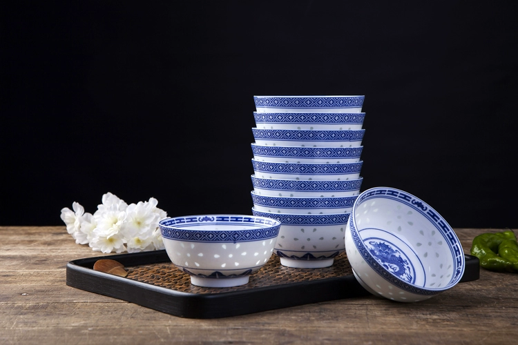 Cao cấp sứ màu xanh và trắng Jingdezhen gốm sứ Trung Quốc retro màu xanh và trắng tinh tế nhà hàng Trung Quốc dao kéo đặt bát cơm