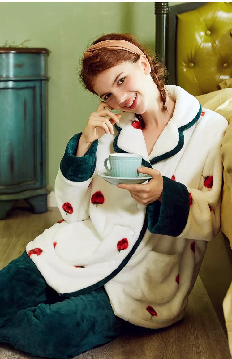An Chi với đồ ngủ nữ mùa thu đông ngọt ngào dễ thương ấm áp lông cừu san hô dày phù hợp có thể được mặc bên ngoài dịch vụ nhà flannel đồ bộ ống rộng