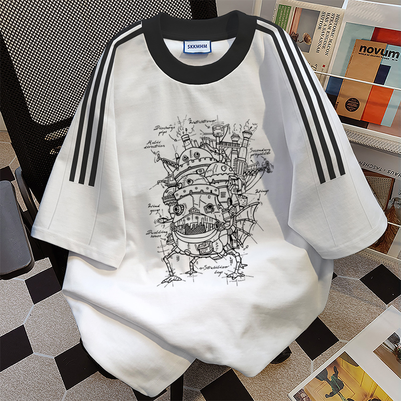Howl's Moving Castle Three-Stripe Short-Sleeve T-Shirt, Studio Ghibli, Unisex, Printed, Lazy Style, Summer