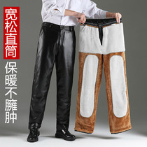 Middle-aged and elderly plus velvet thickened winter windproof waterproof leather pants mens warm leather pants loose PU mens locomotive riding