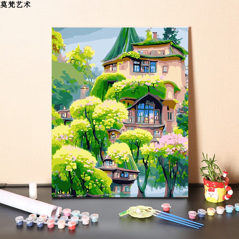 Digital oil painting Diy padding by hand Miyazaki Jun Wind Healing Water Lodge Wind Landscape Painting color Colored Propylene Painting-Taobao