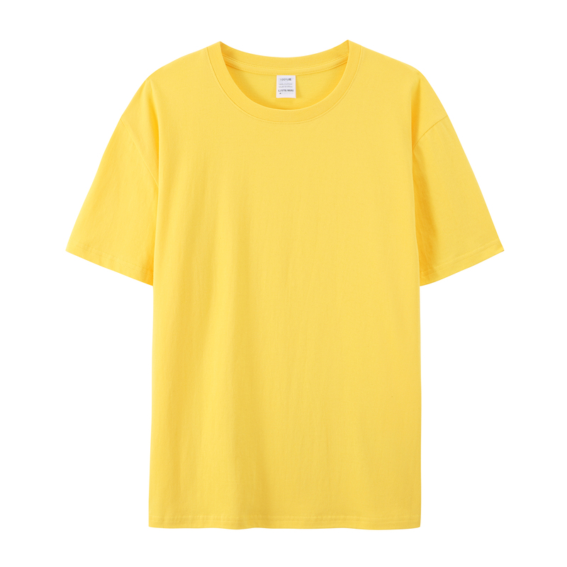 Bright Yellow Pure Cotton Round Neck Short-Sleeved T-Shirt for Men and Women, All-Cotton Base Layer, Loose Solid Color T-Shirt, Large Size Hip-Hop Style