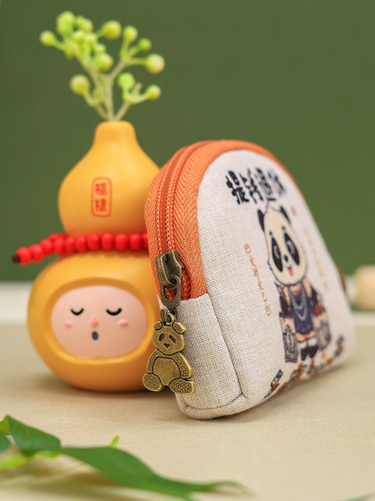 原创国潮大熊猫棉麻零钱包迷你小女学生卡通随身拉链小钱包口红包