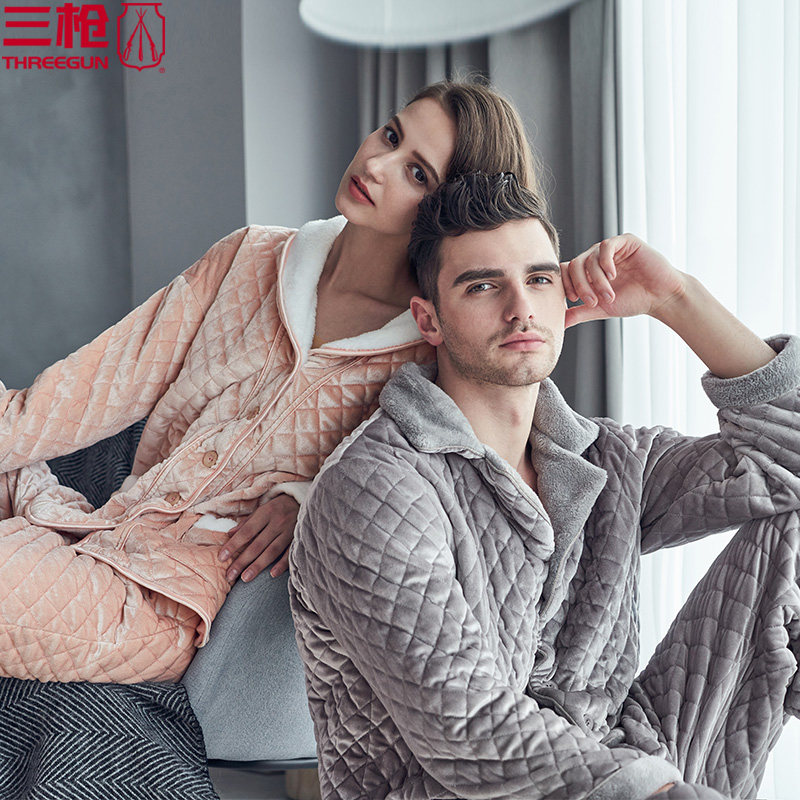 Three gun thick pajama set men's velvet with cotton lapel long sleeves women's home suit 81410