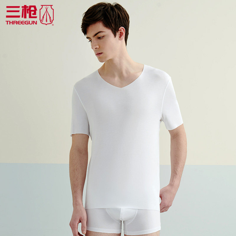 Three-gun delicate Modal T-shirt Traceless V-neck short sleeves men's thin stretch undershirt solid color smooth summer 23489
