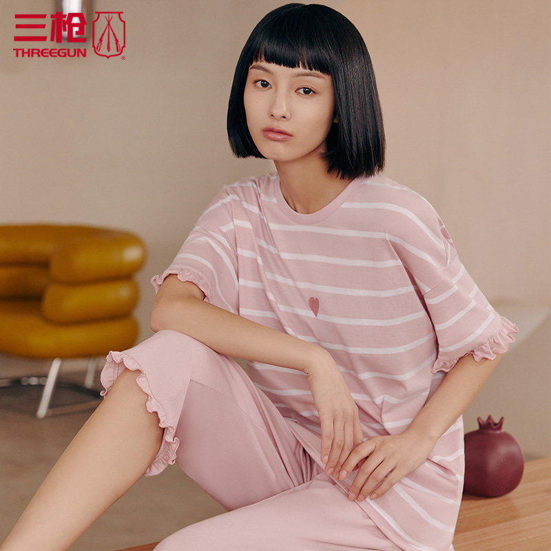 Three guns home clothes suit women's summer water soft cotton round neck short sleeve pants pure cotton pajamas women's living clothes 81892