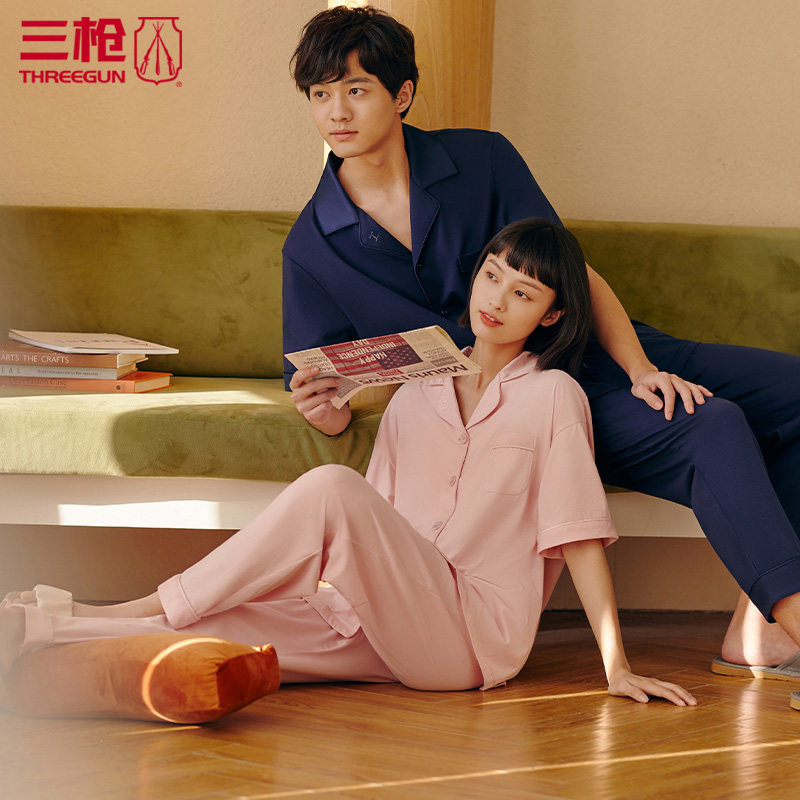 Three guns home wear suit women's pajamas men's casual living clothes cool stretch cotton short-sleeved trousers women 81846