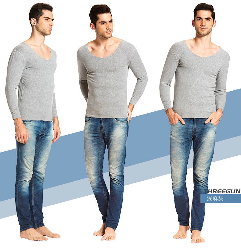 Áo ba dây nam áo thun cổ chữ V cotton mềm nhung liền mạch Cổ chữ V tay dài mùa thu áo ấm 22545 - Áo ấm áo giữ nhiệt big size