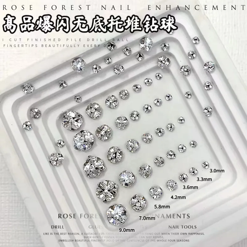 High-Quality Sparkling Bottomless Rhinestone Ball Nail Art Decorations, Mini Small and Large Transparent White Round Rhinestone Nail Art Accessories