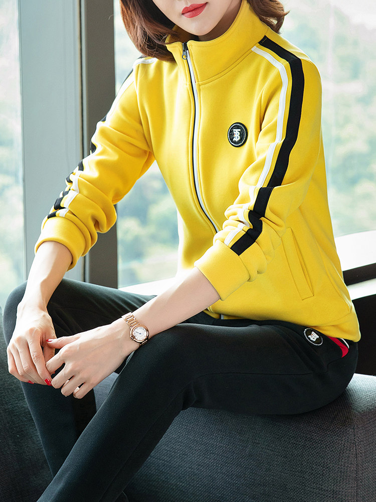 Thickened sports suit women winter two-piece set 2021 new fashion temperament stand collar plus velvet casual thick cotton suit women