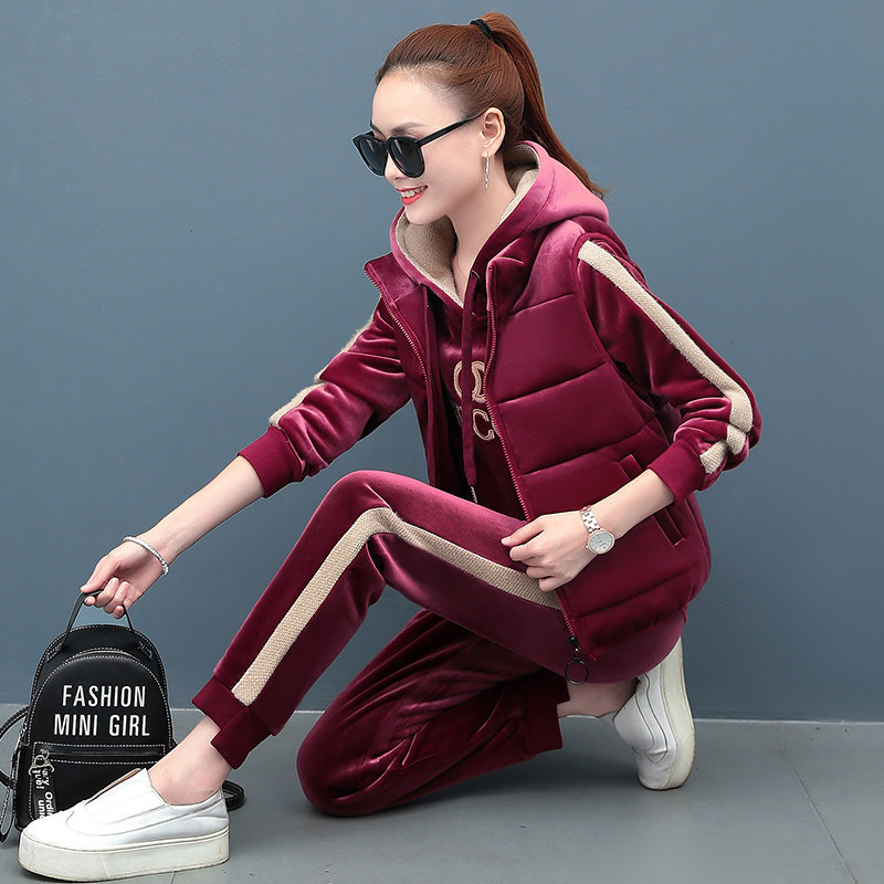 Winter cotton T suit women's three-piece set new fashion leisure sports plus velvet thickened gold velvet suit women