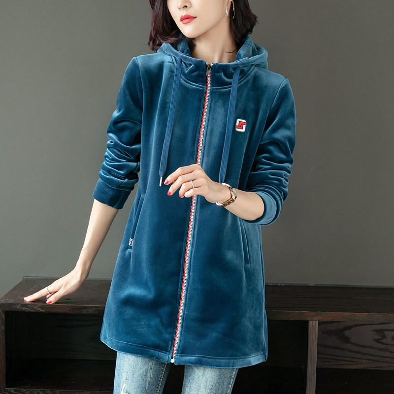 Winter new blouses jacket Fashion medium long version with cap cheertop Temperament Damp to thicken the golden velvety weavewear