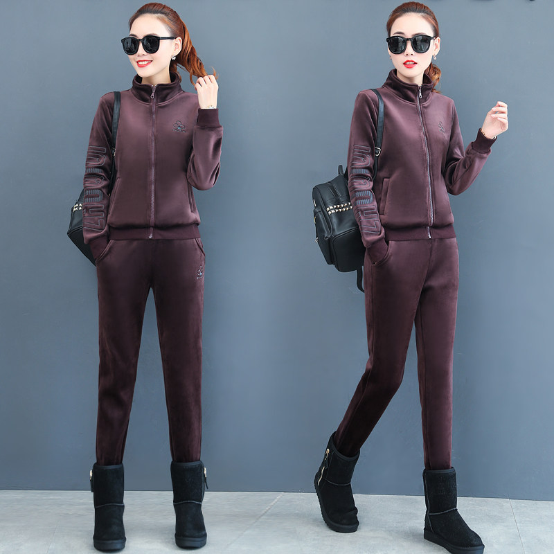 Gold Velvet Suit Women's Winter Clothing 2021 New Fashion Weaters Two Sets Temperament Plus Suede Thickened Sports Suit Women