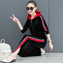 Straight pants gold velvet sports suit womens spring and autumn new 2021 fashion Korean temperament casual suit two-piece set
