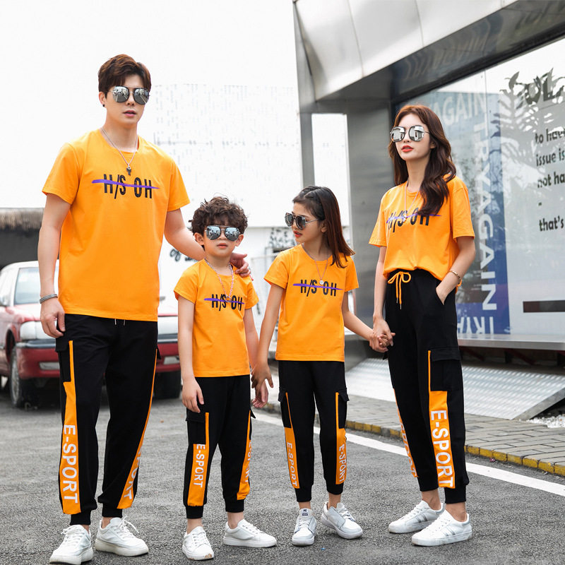 Pro-sub-clothing family of three summer clothing Four-mouthed suit Summer short sleeve Summer foreign style Fashion Long Pants School Uniform Performance Suit