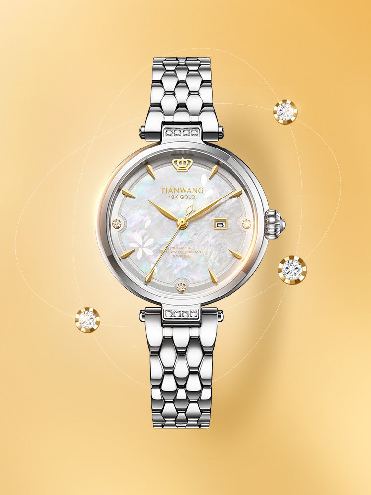 Tianwang Gold Label Blessing Small Petal Women's Watch 18K Gold Women's Fashion Mechanical Watch Gift for Wife 51176