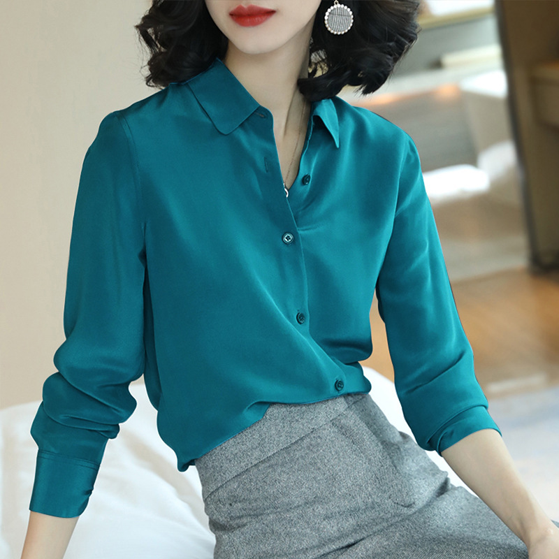 LAOSHU Peacock Blue Stretch Satin Anti-Wrinkle Blouse for Women 2026 Spring Collection Long Sleeve Slim Fit Elegant Age-Reducing Shirt LAOSHU Peacock Blue Stretch Satin Anti-Wrinkle Blouse for Women 2026 Spring Collection Long Sleeve Slim Fit Elegant Age-Reducing Shirt
