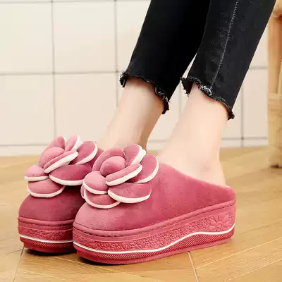 New high-heeled cotton slippers female thick-soled Korean version of cute big flower home wool slippers winter warm fashion wear non-slip