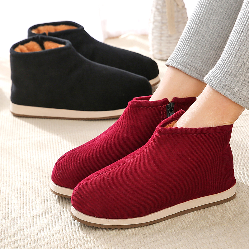 Cotton slippers bag heel handmade cotton shoes women's winter warm high tube couple plus velvet middle-aged and elderly slippers men's thick bottom non-slip