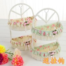 Home rattan double storage basket basket hanging basket woven grocery basket box lace fabric storage basket wall rear hanging basket