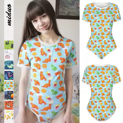 ABDL adult baby ha clothing teenage sky blue dinosaur one-piece crawl short sleeve triangle one-piece shirt