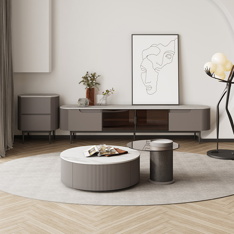 Light luxury rock plate round coffee table table home small apartment simple tea table design sense living room coffee table TV cabinet combination