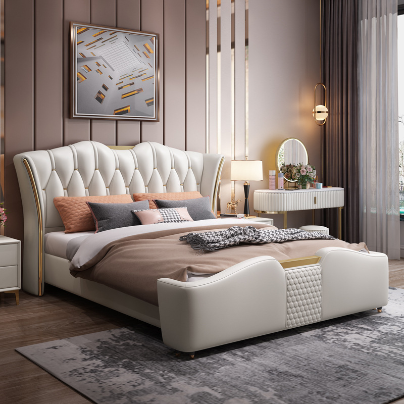 Light luxury minimalist leather bed post-modern master bedroom atmospheric double bed fashion high-end Iins wedding bed storage leather art bed
