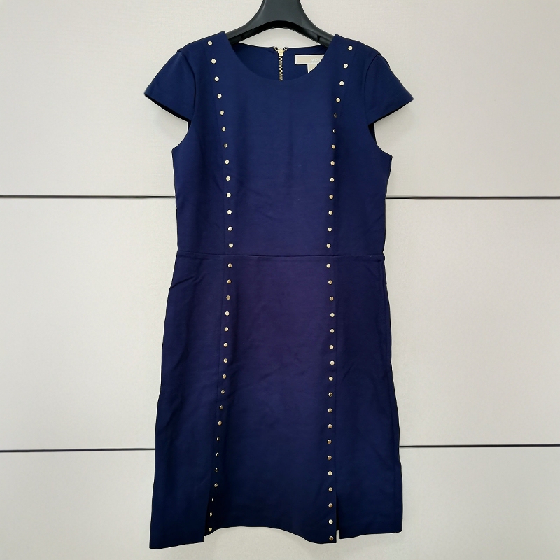 Michael Kors Spring and Autumn Mk Women's Solid Color Round Neck Dress with Studded Decoration, Slim Fit Short-Sleeve Dress