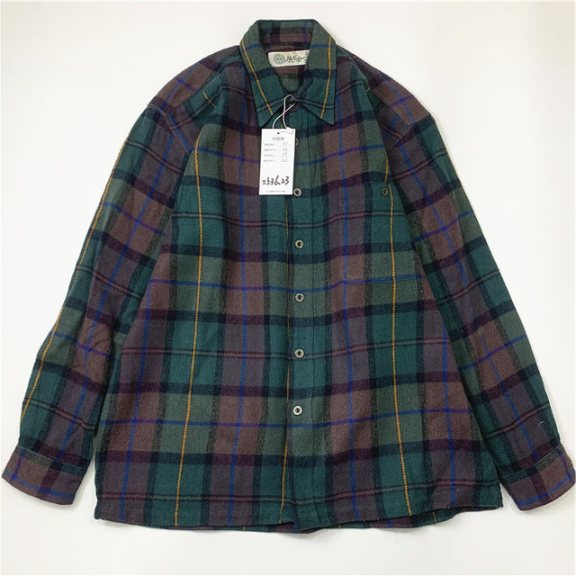 Plaid coat color matching vintage Japanese retro loose long-sleeved unisex workwear versatile shirt 2536