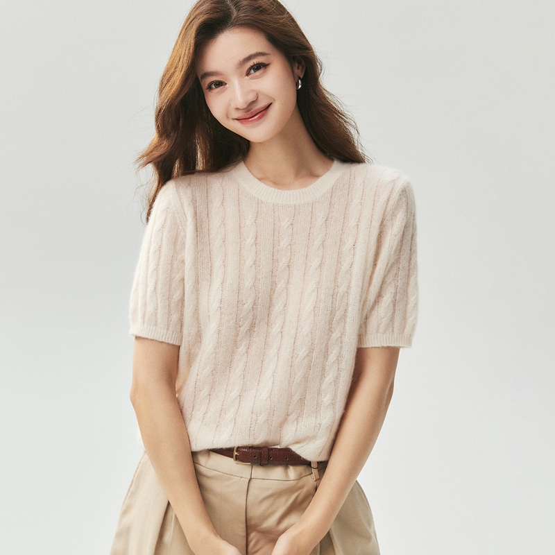 75% Cashmere 25% Mulberry Silk ~ Gentle Knit Short-Sleeve Women's Round Neck Half-Sleeve Sweater T-Shirt Cable Knit Top 75% Cashmere 25% Mulberry Silk ~ Gentle Knit Short-Sleeve Women's Round Neck Half-Sleeve Sweater T-Shirt Cable Knit Top