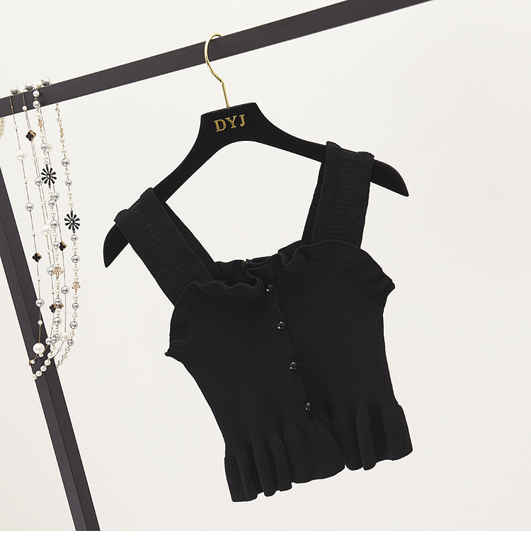 Xù yếm trong vest nữ mùa hè ngắn mặc bên ngoài kích thước lớn chất béo mm cao eo sexy đan không tay áo bằng gỗ tai áo voan kiểu