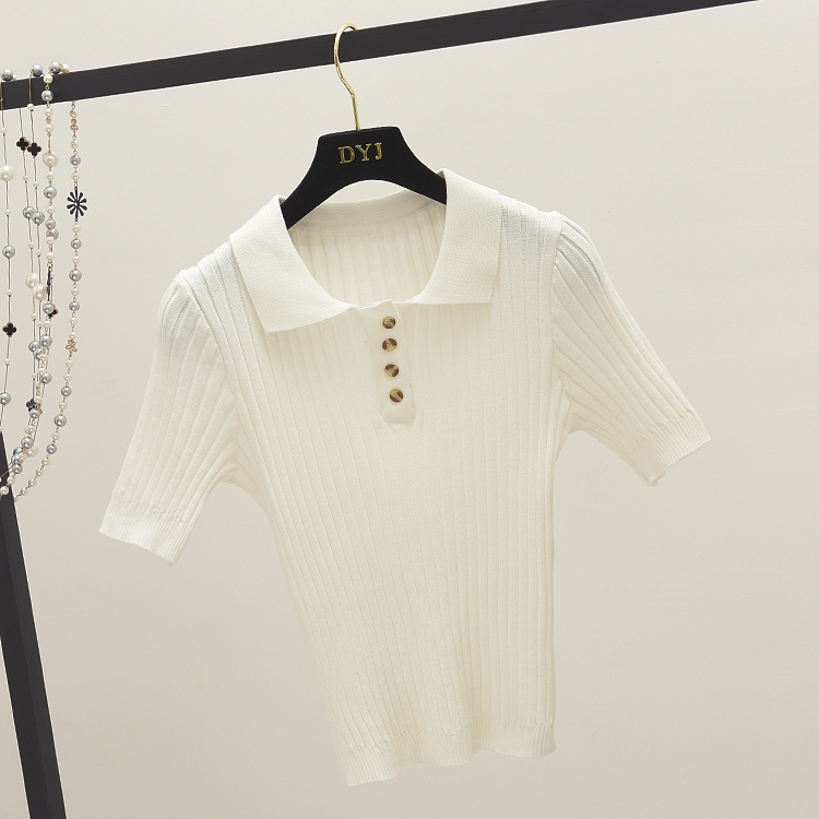Hàn quốc phiên bản của V-cổ retro ve áo skinny slim màu rắn dệt kim ngắn tay POLO áo sơ mi Mỏng áo thun áo sơ mi mùa hè sinh viên áo phông nữ đẹp