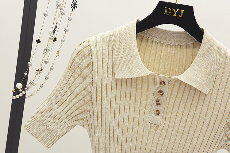 Hàn quốc phiên bản của V-cổ retro ve áo skinny slim màu rắn dệt kim ngắn tay POLO áo sơ mi Mỏng áo thun áo sơ mi mùa hè sinh viên áo phông nữ đẹp