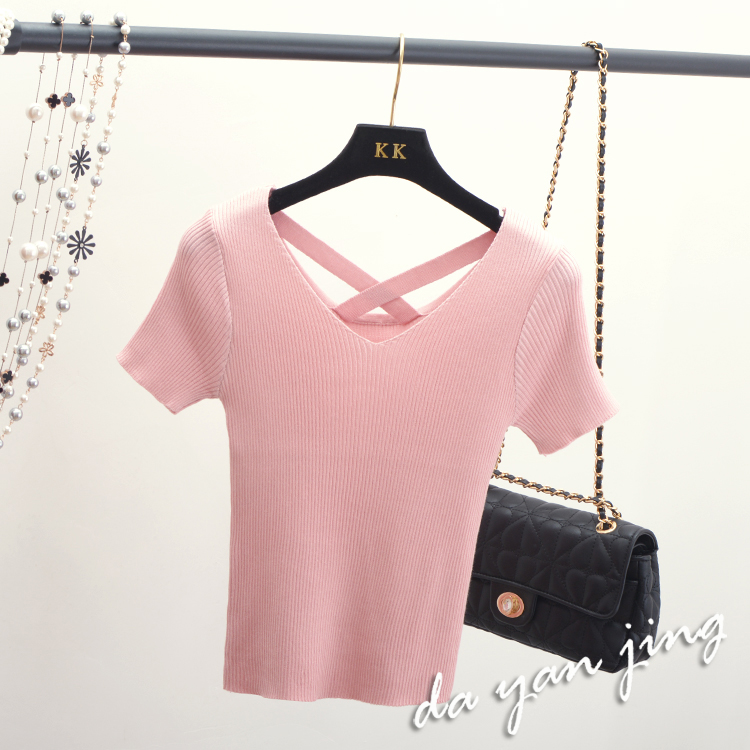 Hàn quốc 2017 mùa xuân và mùa hè mới màu rắn V-Cổ ngắn tay knit đáy áo stretch head slim Slim T-Shirt nữ áo len kiểu