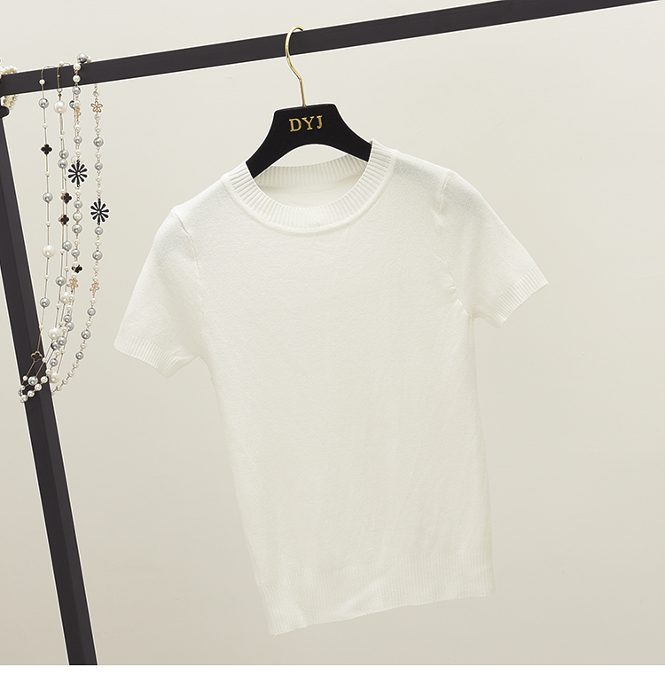 2018 mùa xuân và mùa hè mô hình màu rắn Hàn Quốc phiên bản của vòng cổ đan T-Shirt nữ ngắn tay đáy áo bó sát skinny áo len nữ