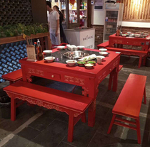  Antique Chinese hot pot table and chair combination Induction cooker one solid wood marble commercial smoke-free square big red table