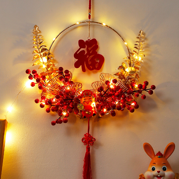Spring Festival New Year Housewarming Decorations Creative Rattan Wreath Window Wall Hangings Scene Arrangement Red Fruit Garland Fortune Character Hanging Decorations