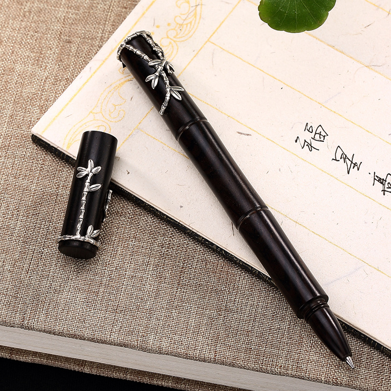 Original S925 Pure Silver Retro Bamboo Black Sandalwood Middle Sex Pen Upscale Business Signature Pen Send Gift Ancient Wind