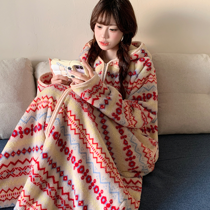 Zipper Nightgown for Women, Autumn and Winter, Thickened Coral Fleece, Plus Size for Chubby Girls, Cute Long Flannel Loungewear