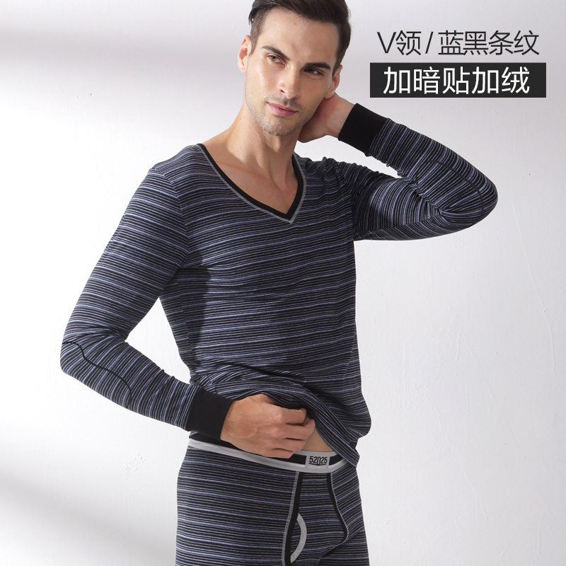 đồ lót 52.025 mens bông nhiệt womens bộ mùa đông dày cộng với nhung quanh cổ áo sọc quần dài đến đầu gối mùa thu.