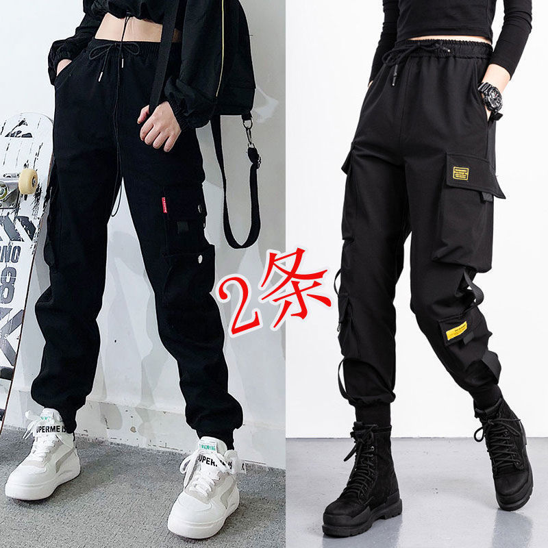 2-Pack】New Spring and Autumn Multi-Pocket Cargo Pants for Women, Hip-Hop Versatile Black Loose Slimming Nine-Point Length Sports Pants