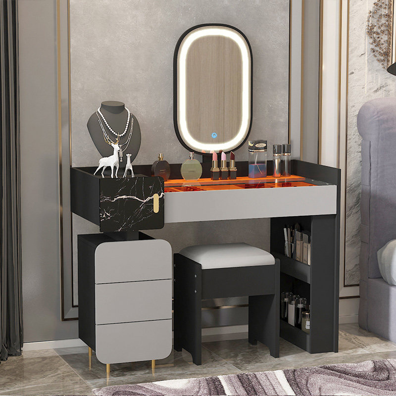 Light luxury tempered glass vanity table with light Nordic simple bedroom Italian net red ins small storage cabinet one