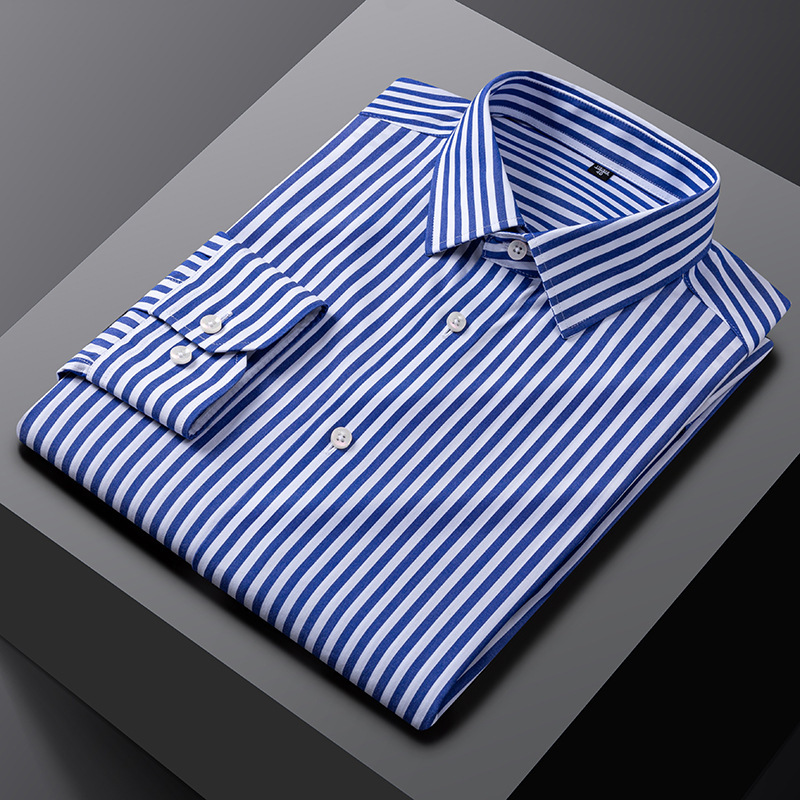 Pure Cotton Dp Ready-To-Wear Non-Iron Long-Sleeved Shirt for Men, Dark Blue Striped Oxford Fabric Business Casual Solid Color Shirt
