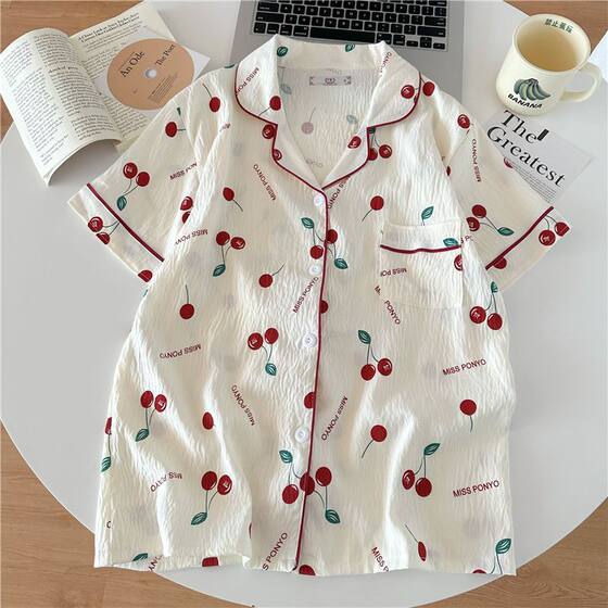 纯棉纱布睡衣女夏季短袖短裤套装甜美樱桃女士款可外穿开衫家居服