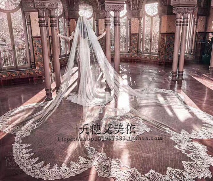Luxurious retro palace Bride Wedding wedding photo gallery photographed extra-long ultra-wide wave points Anomalous Lace Lace head yarn