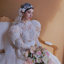 Retro Republic of China Wind head yarn with long lace Baotou cap veil bridal wedding photos with white head floral headwear