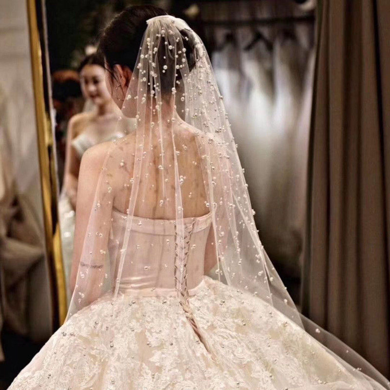 Beautiful pearl bride wedding veil single-layer comb Qi small trailing veil white photo accessories veil