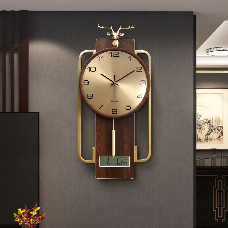 New Chinese foe deer hanging clocks Home mute fashion Decorative Clock Living Room Light Lavish Walnut Wood Atmospheric Brass Clocks