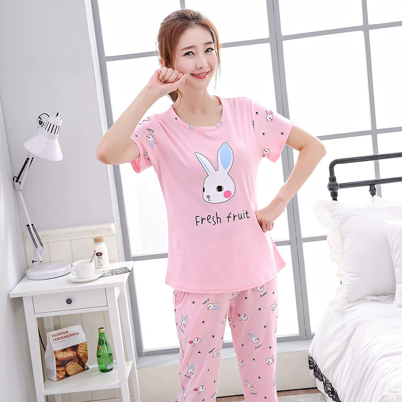 Bộ đồ ngủ cotton ngắn tay mùa hè dành cho nữ mùa hè mỏng cắt quần cotton phù hợp với đồ ngủ nữ hai mảnh